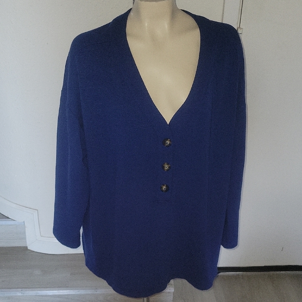 J. Jill Button-Up Top Blouse V-Neck Long Sleeve Casual Blue‎ XL